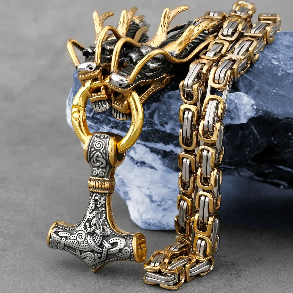 Men\'s Stainless Steel Viking Thor\'s Hammer Pendant Dragon Head Square Necklace Hip Hop Biker Fashion Jewelry Gift Wholesale