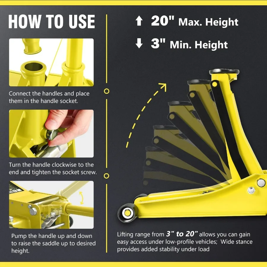 خدمة عربة هيدروليكية منخفضة المستوى/مقبس أرضي، سعة 3 طن (6000 رطل)، نطاق الرفع 3 بوصة - 20 بوصة، أصفر، PM-TOL-FJ30-YL #3