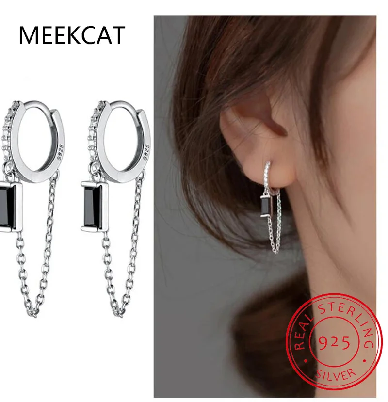Reale 925 Sterling Silver Hoop Catena di moda Nero CZ Orecchino ad anello Huggies Per le donne Regalo di compleanno di nozze Gioielleria raffinata DG0004