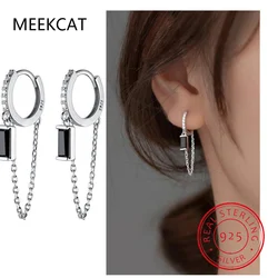 Real 925 Sterling Silver Hoop Fashion Chain Black CZ Hoop Earring Huggies For Women Wedding Birthday Gift Fine Jewelry DG0004