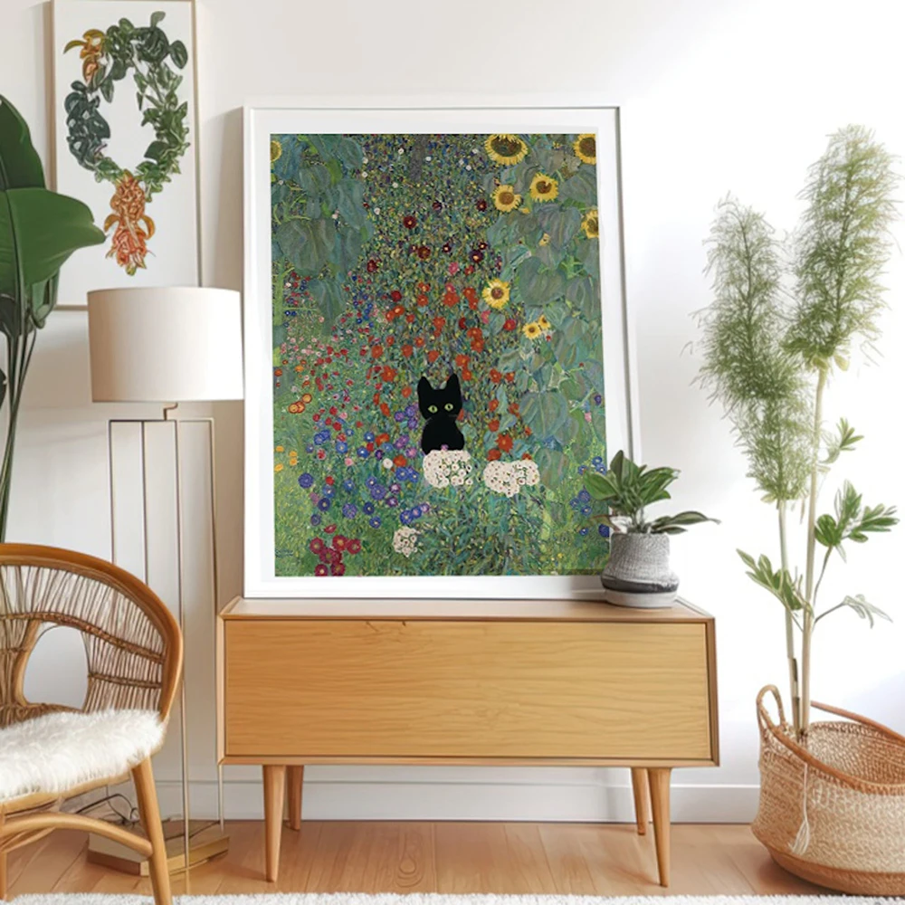 Gustav Klimt Farm Garden With Sunflowers And A Black Cat Art Print Vinatge Matise Abstract Canvas Painting Home Decor Poster