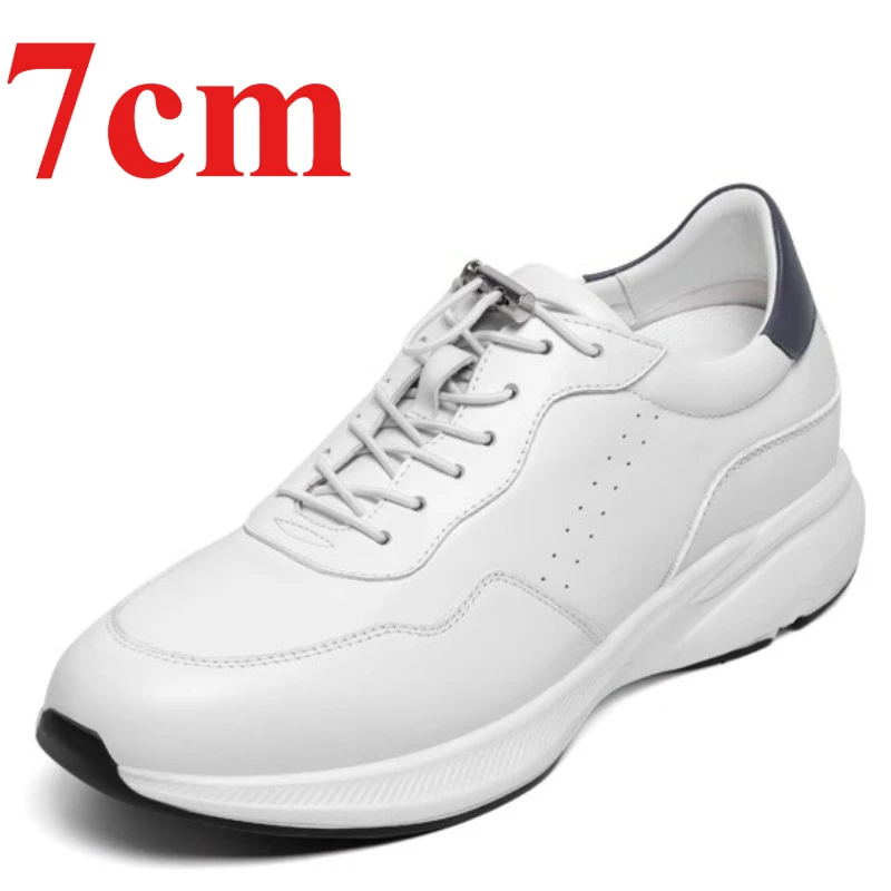 

Lightweight Comfortable Sports Shoes for Men's Invisible Height Increased 7cm Elevator Shoes Genuine Leather White Casual Shoes