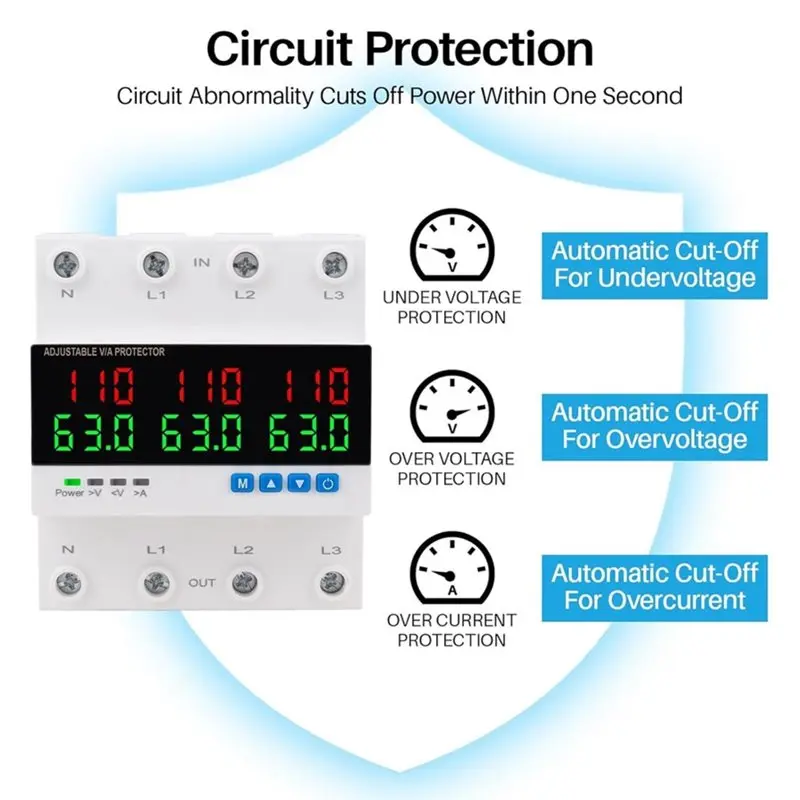 TFORU-Adjustable Three-Phase 63A Circuit Breaker Smart Over And Under Voltage Protector Regulator For Home RV Solar Systems