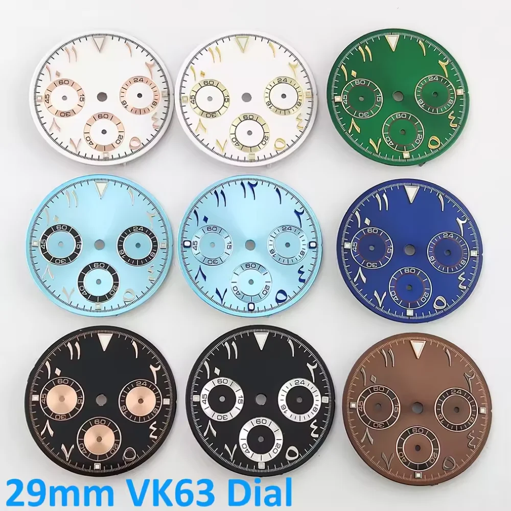 29mm VK63 Dial White Base Rose Gold 3D Arabic Numerals 3 Sub‑Dials 24H 60Min Watch Dial For VK63 Movement Repair Accessories