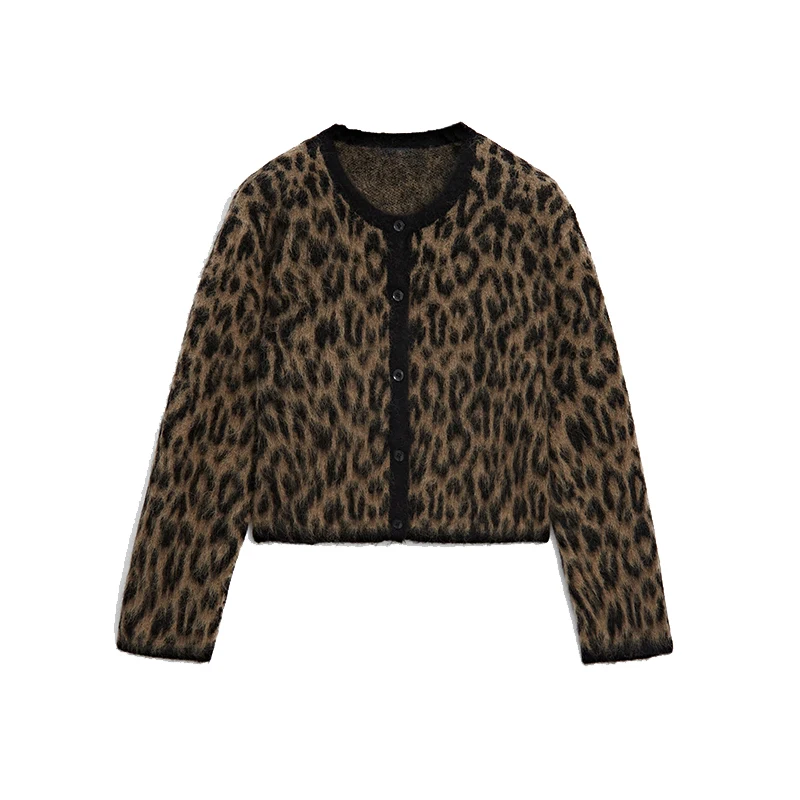 Leopard Print Cardigan Women Knitted Long Sleeve O-neck Single Breasted Sweater Loose Elegant Coats Tops roupas y2k feminino