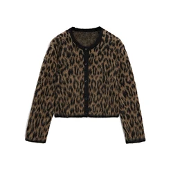 Leopard Print Cardigan Women Knitted Long Sleeve O-neck Single Breasted Sweater Loose Elegant Coats Tops roupas y2k feminino