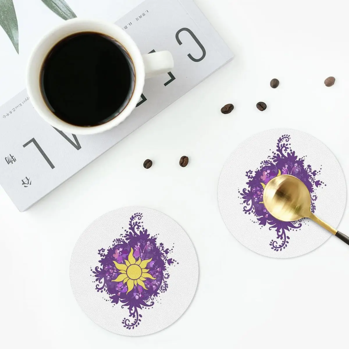 Tangled - Sun - Kingdom Dance Coasters - Manteles individuales de cuero PVC antideslizantes para café, para el hogar, cocina, comedor, juego de 6