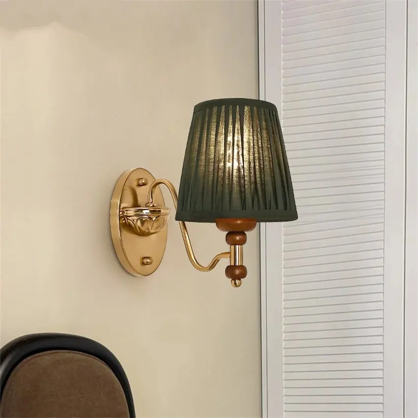 

French vintage gold bedroom bedside wall lams American living room solid wood cloth cover sconces lights decor lighting fixtures