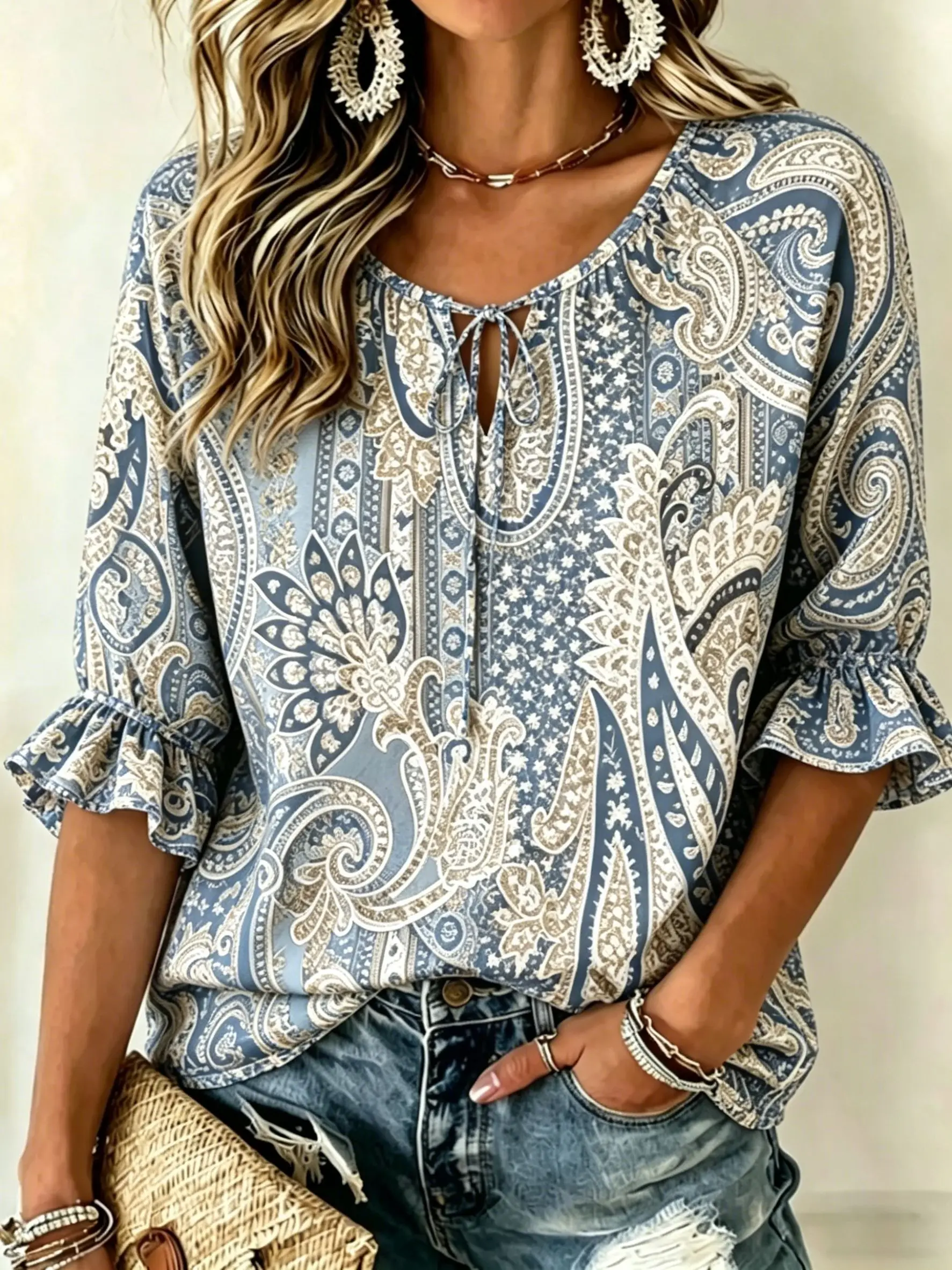 

Women's Blue Beige Paisley Print Tie Neck Blouse, Casual Loose Tops for Spring Summer Daily Wear & Vacation Occasions