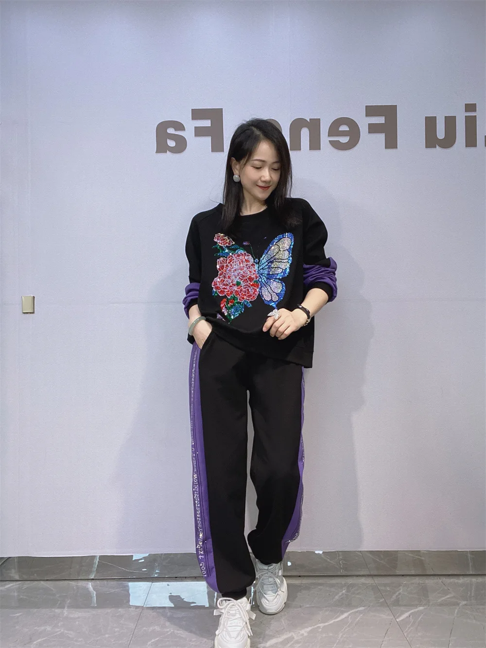 Lantejoulas borboleta pulôver camisola 2 peças conjunto para roupas femininas 2025 outono casual conjuntos de calças de grandes dimensões moda coreana agasalho