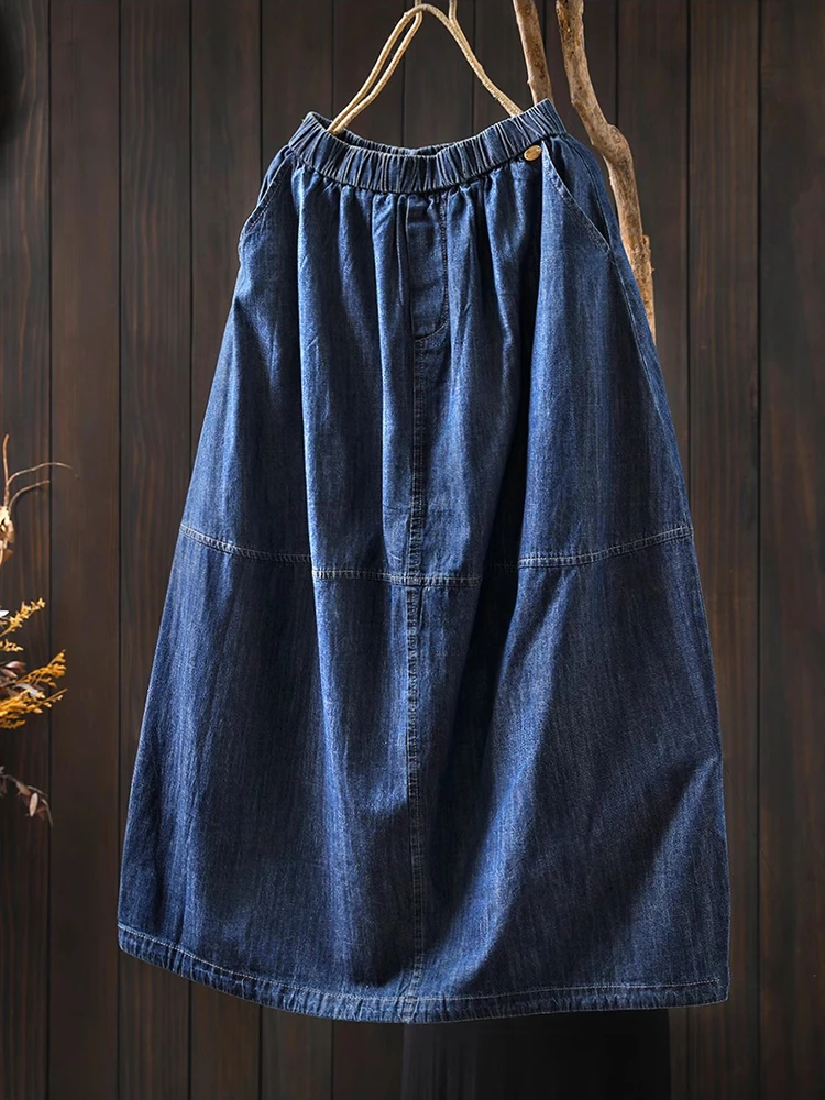 

Women Casual Long Skirt New Arrival 2025 Spring Vintage Style Elastic Waist Loose Comfortable Female Thin Denim Skirts M1251