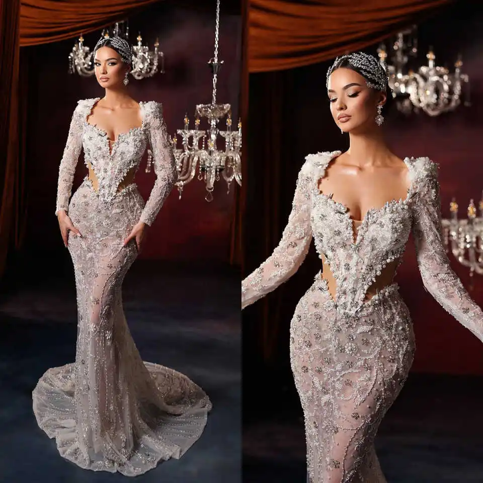 

Princess Mermaid Wedding Dresses Strapless Long Sleeve Pearls Beading Sweep Train Bridal Gowns Custom Made Robe De Mariee