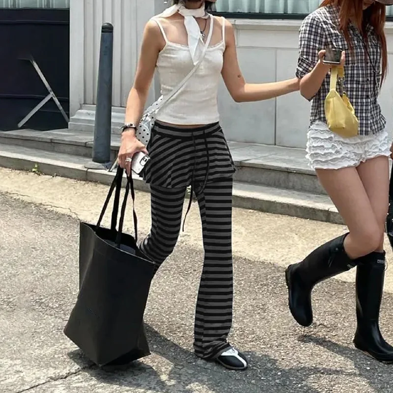 Calças de saia de renda listradas americanas, novo produto de outono 2025 calças casuais estilo preguiçoso