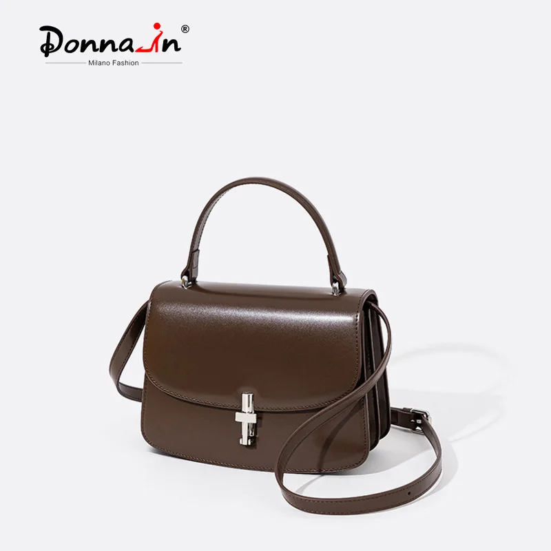 

Donna-in Genuine Leather Handbag for Women Cowhide Fashion Elaghant Shoulder Bag Red Retro High-end Silver Hardware Lock Closure