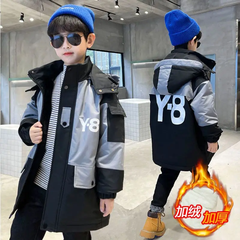 

Korean New Children Boys Letter Hooded Jackets Outerwear Clothes Boys Winter Teenage Long Thicken Warm Cotton-Padded Parka Coats