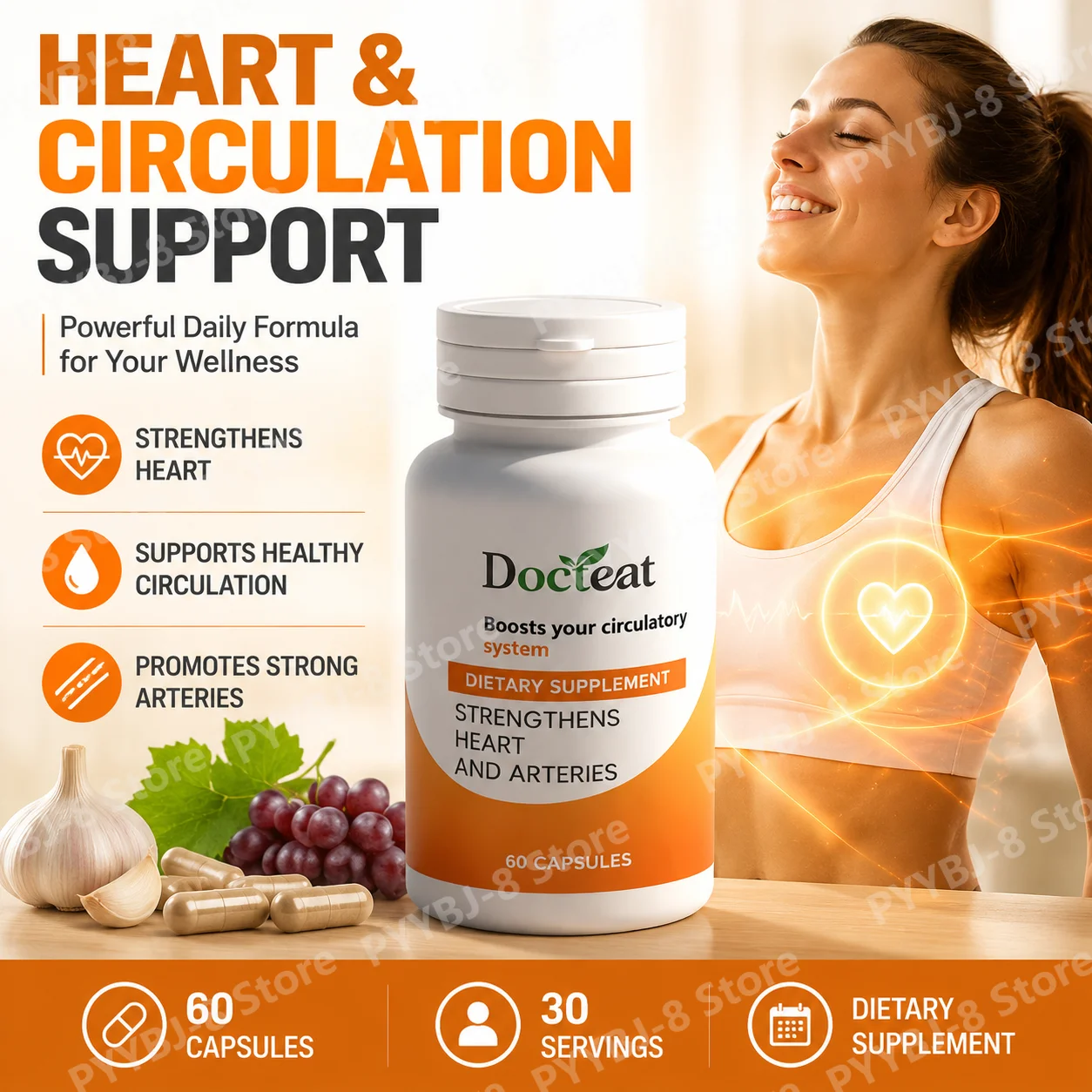 Blood Circulation Supplement with Garlic Grape Seed Extract and Trans-Resveratrol Help Enhance Energy & Combat Fatigue 60 Count