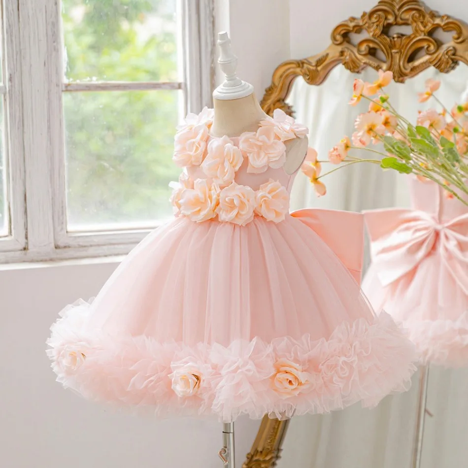 Girls Pink Flower Tulle Dress Sleeveless Floral Applique Bow Back Princess Birthday Party Formal Gown Kids Pageant Dress ASQ03