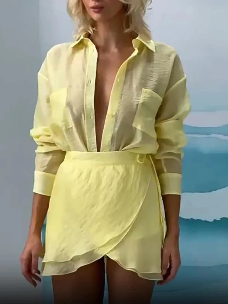 

Летний женский комплект рубашек, желтая бандажная мини-юбка, топ с отложным воротником, повседневный пляжный наряд из двух предметов, тонкий костюм для отпуска, шикарный