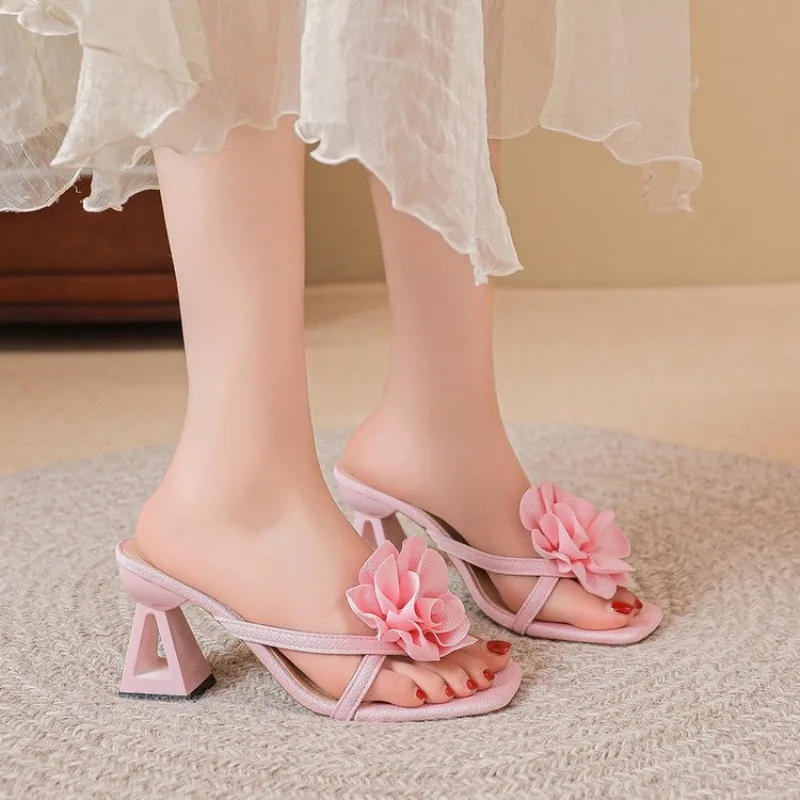 Three-dimensional Flower Special-shaped Heel High Heels for Women To Wear Summer New Square Toe Sandals