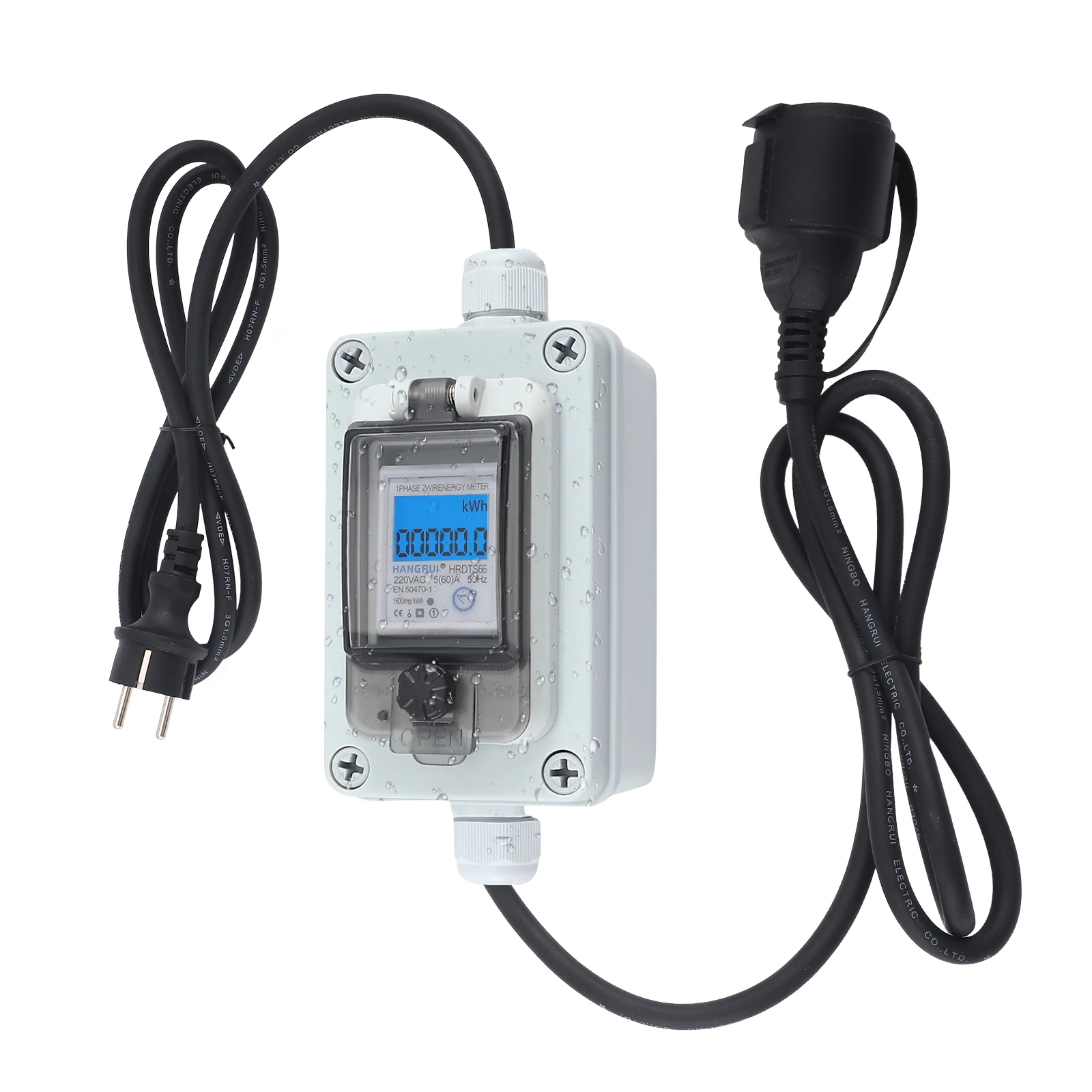 Mobile Digital Electricity Meter 230 V, 60 A Mobile Meter CEE Outdoor KWH Meter IP67 Waterproof, Industrial Plug LED Power Meter