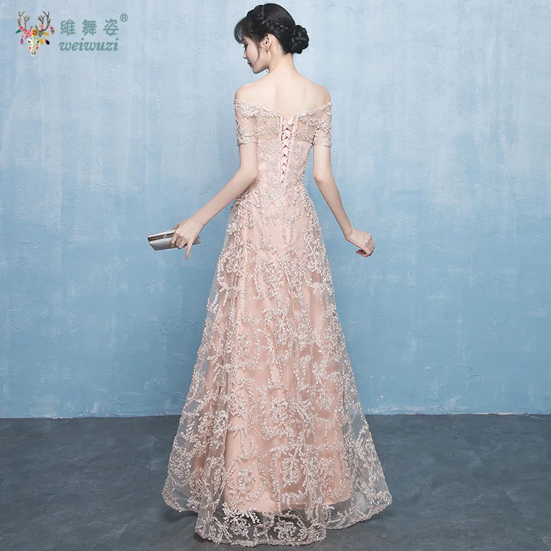 オフショルダー半袖メッシュ立体刺繍スリムフィットロングホストステージ衣装バックタイAラインイブニングドレス