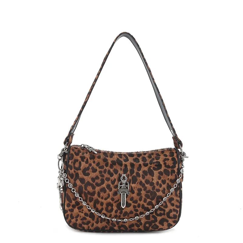 2024 new Kroos leopard print bag, cowhide crossbody, frosted cross, underarm chicken block chain bag, single shoulder bag, trend