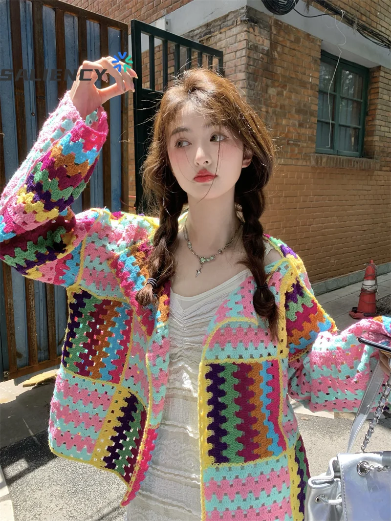 2025 Colorful Crochet Knit Hollow Cardigan Sweater Jacket Women Spring Top Loose Short Knitwear