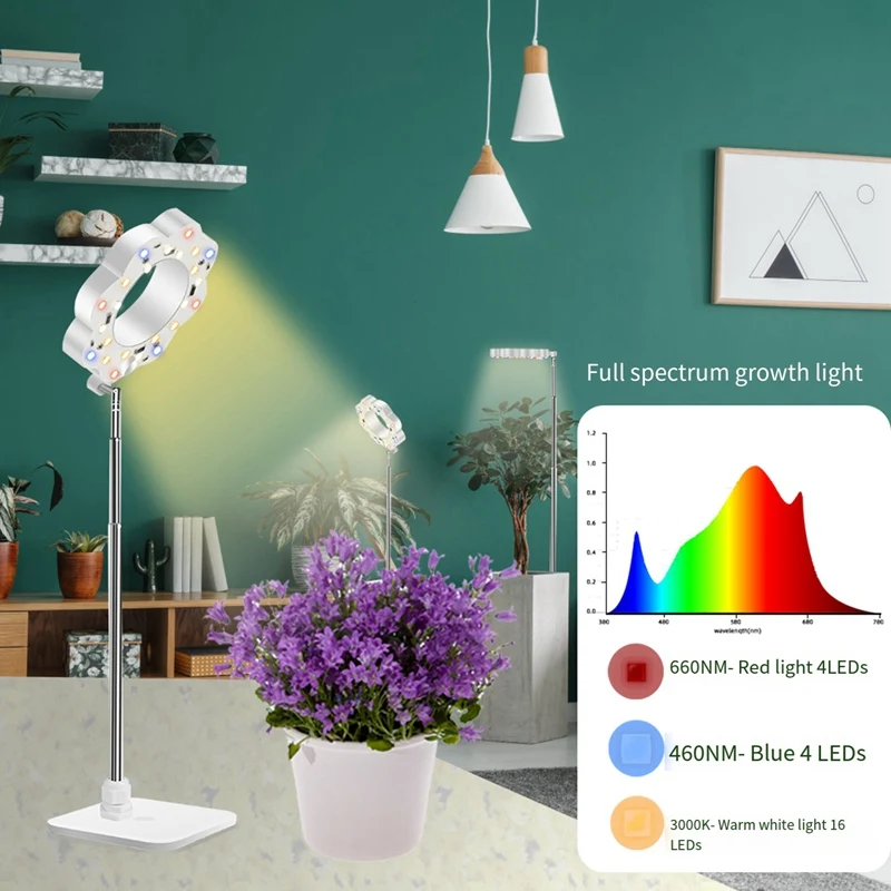 1 buah lampu tumbuh tanaman dalam ruangan, lampu tanaman LED spektrum penuh dengan lampu tumbuh berdiri yang dapat dilepas dengan Timer otomatis