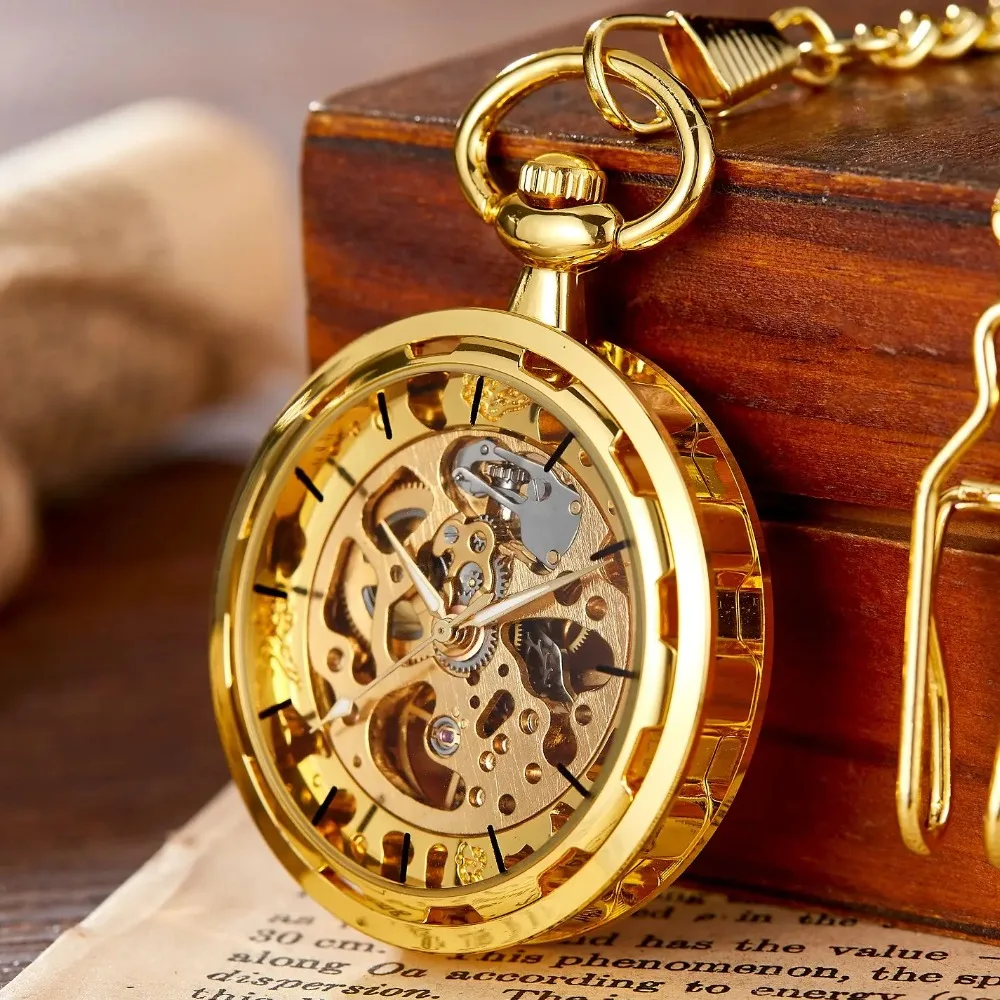 Steampunk Vintage Fob Watch Necklace Pendant Golden Mechanical Pocket Watch With FOB Chain Hollow Retro Men Pocket Male Clock