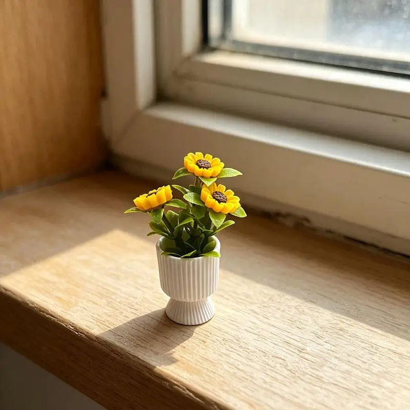 {#} Miniature Sunflower Potted Plant Ornament 1/12 Dollhouse Decoration Model Toy Micro Landscape Garden Scene Photo Props