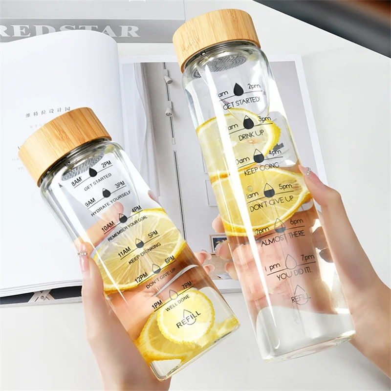 

700/1000ml Motivational Time Marker Glass Water Bottle with Bamboo Lid Borosilicate Glass Lemon Tea Cup With Filter