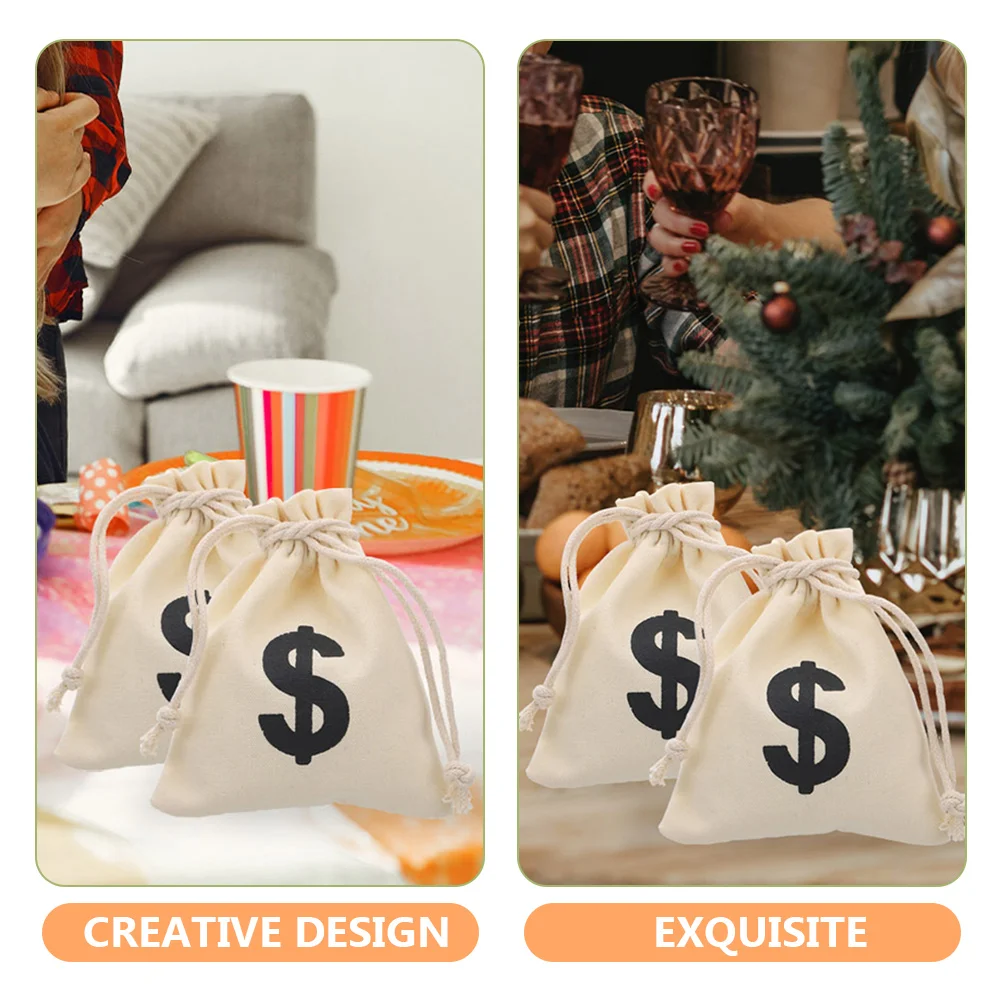 12pcs Dollar Money Sign Bags Canvas Drawstring Bags Party Gift Treats Bags Treasure Bag Small Drawstring Bags