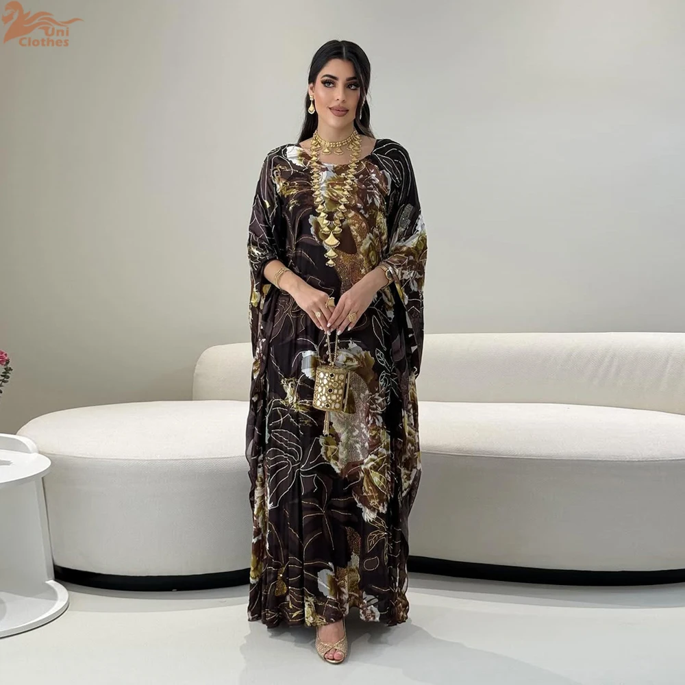 Sommer 2025, muslimisches Chiffon-Kleid, Strass, Fledermausärmel, Blumendruck, bescheidenes Abend-Partykleid für Frauen