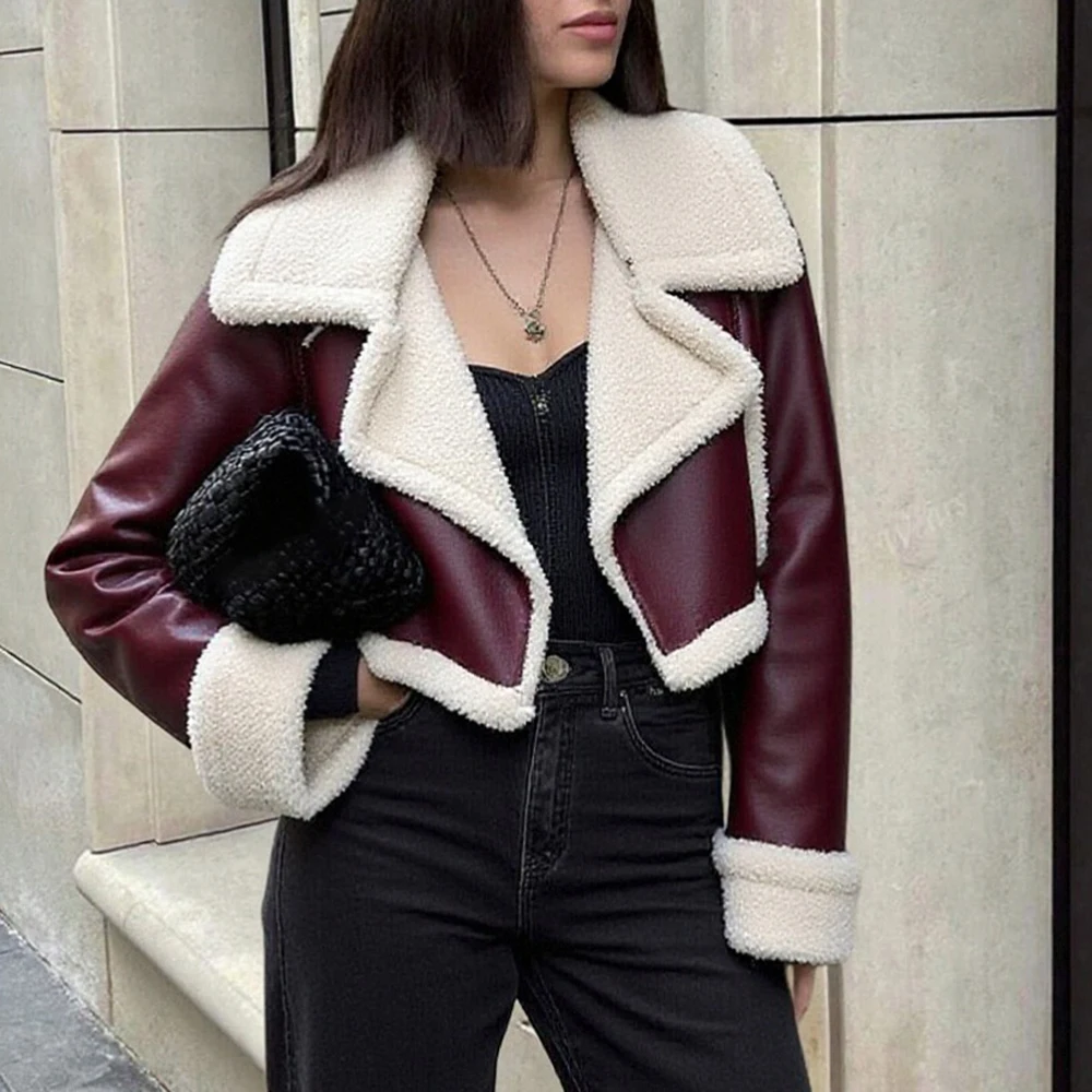 Women's Winter Biker Jacket Black Leather Base Contrast White Faux Fur Collar and Cuffs Full Zipper Closure Cropped Fit
