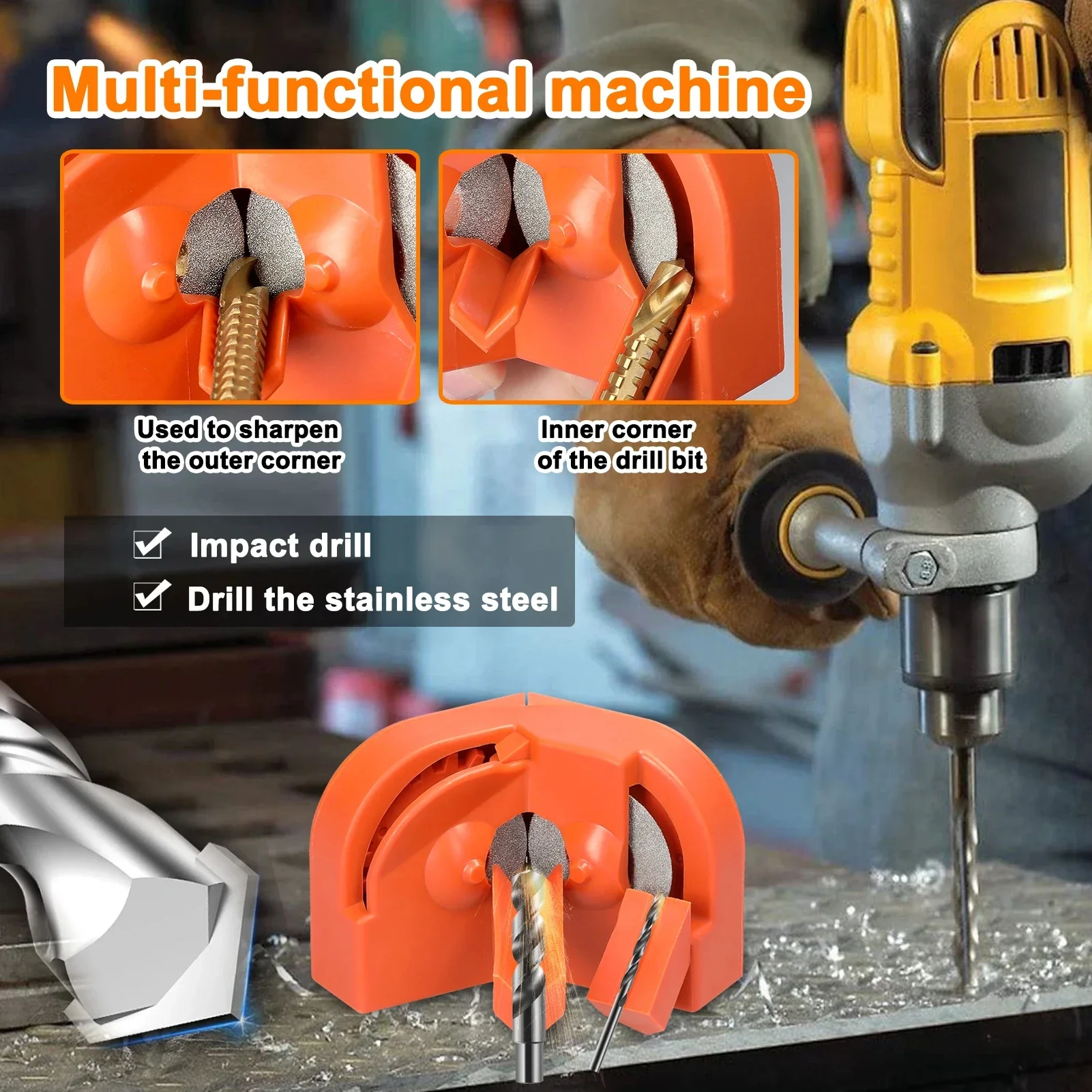 Affilatrice elettrica per punte da trapano, accessorio per affilare punte elicoidali da 2 a 16 mm, con pietre abrasive a doppia faccia sostituibili, ideale per officine e lavori di bricolage.