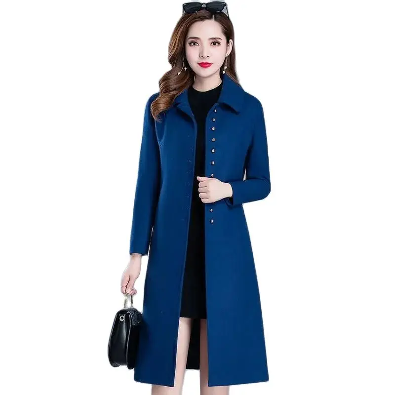 

Spring Autumn Mid-Long Woolen Trench Coat Women 2023 New Loose Turndown Collar Windbreakers Jacket Pure Colour Outerwear Female