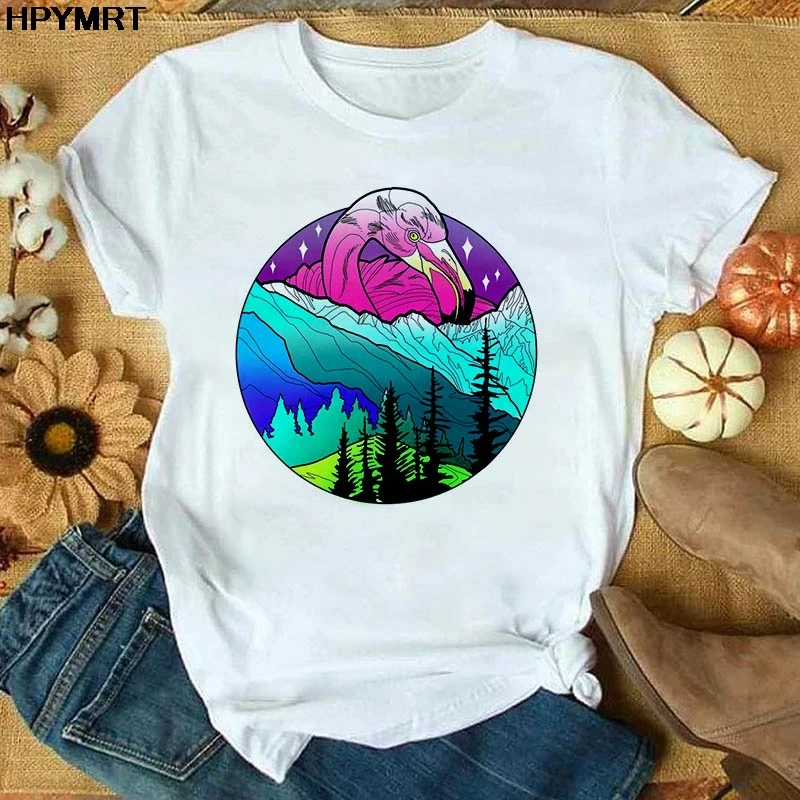 Creative flamingo mountain peak T-shirt Women Lady Fashion Clothes 2020 New Summer Tshirt Top Tee Female Ladies Womens T Shirt