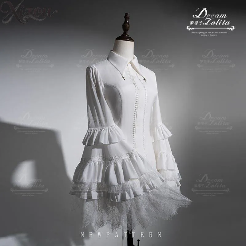

Spring Autumn Women's Tops Gothic Original Lolita Shirts Pure Color White Blouses Oversized Lace Long Sleeve Top Inner Shirt