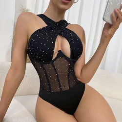 Sexy Black Cut Out Cross Wide Strap Bodysuit Women Lace Patchwork Body Suit Tops
