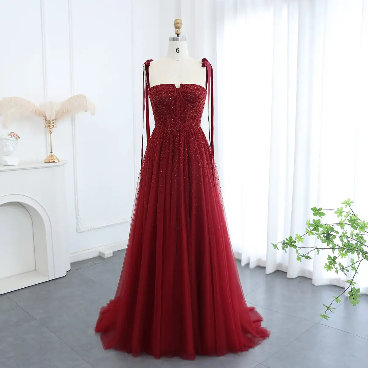 

Jancember Beaded Wine Red Dubai Evening Dresses with Straps Elegant Women Arabic Wedding Party Gown LSZ263