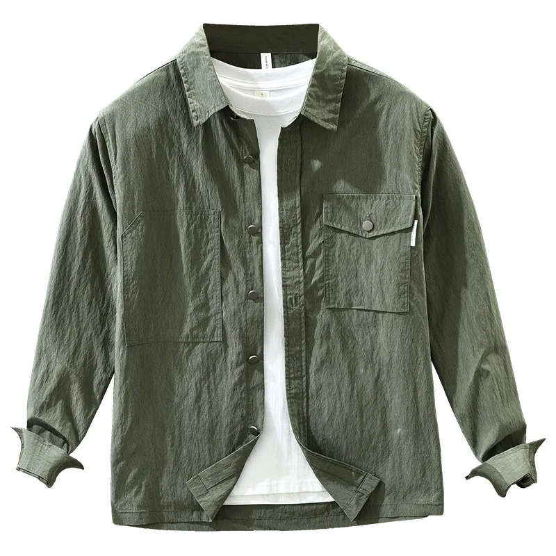 Tren pakaian kerja Jepang musim semi dan musim gugur kemeja lengan panjang warna solid atasan longgar kasual artistik serbaguna modis pria
