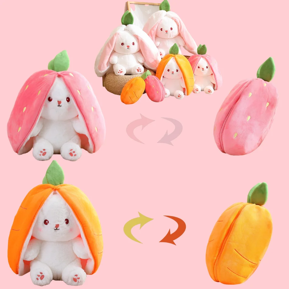 25cm Cute Strawberry Carrot Rabbit Plush Toy Stuffed Creative Into Fruit Transform Baby Cuddly Bunny Doll for Kid Birthday Gift