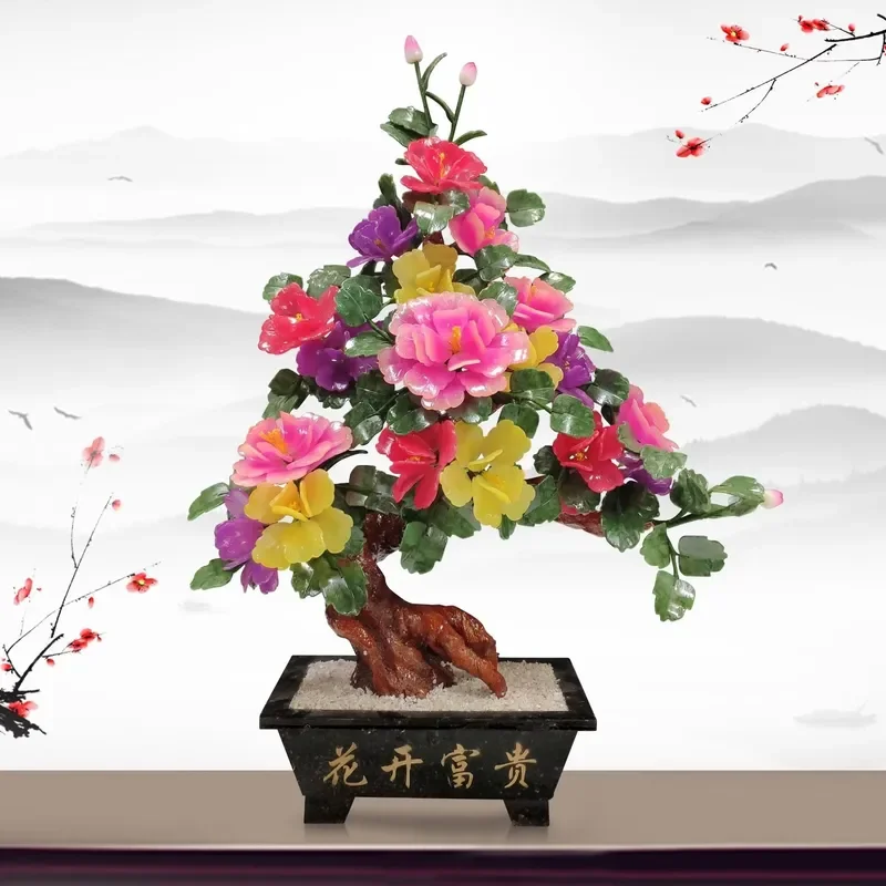 Large Jade Peony Flower Carving Handicraft New Chinese Style Bonsai Decoration for Living Room Home Ornament Art Craft Gift