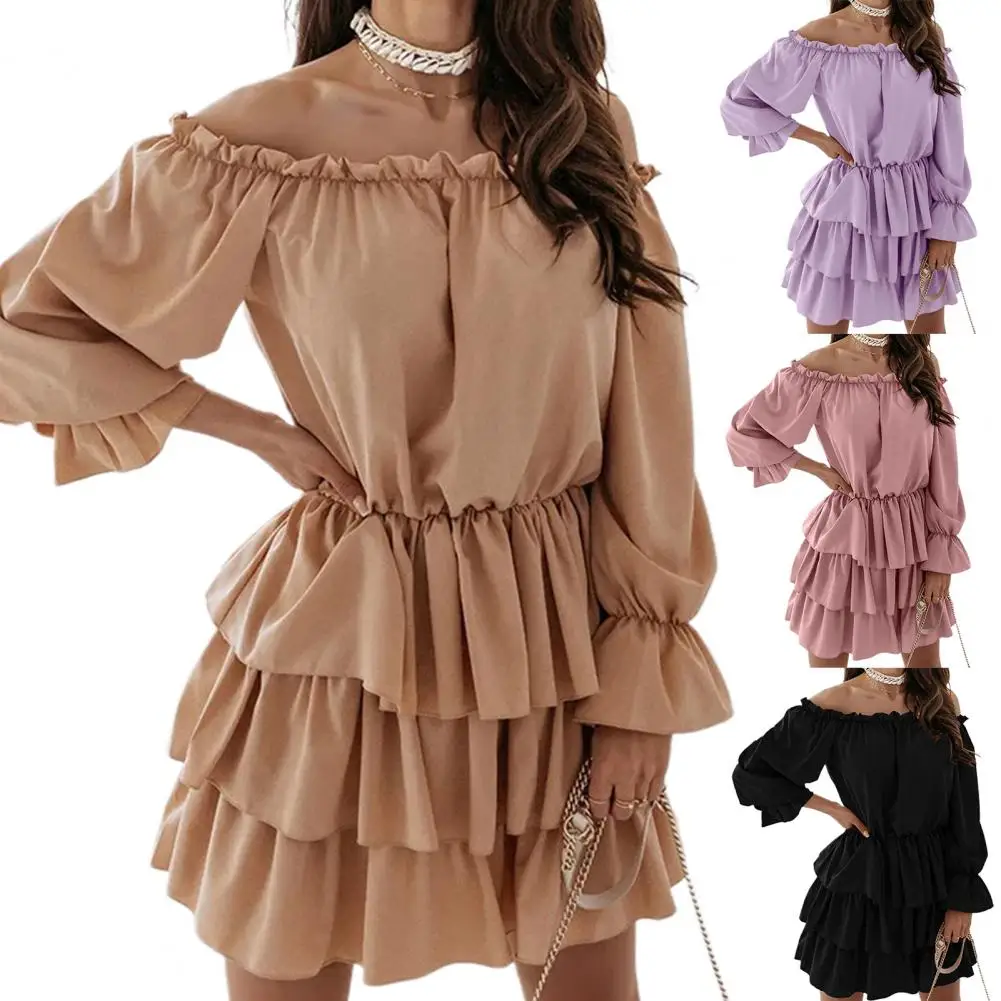 

Autumn Elegant Women's Long Sleeve Mini Dress Fashion Double Ruffle Slash Neck Solid Dress For Office Lady Casual Dresses