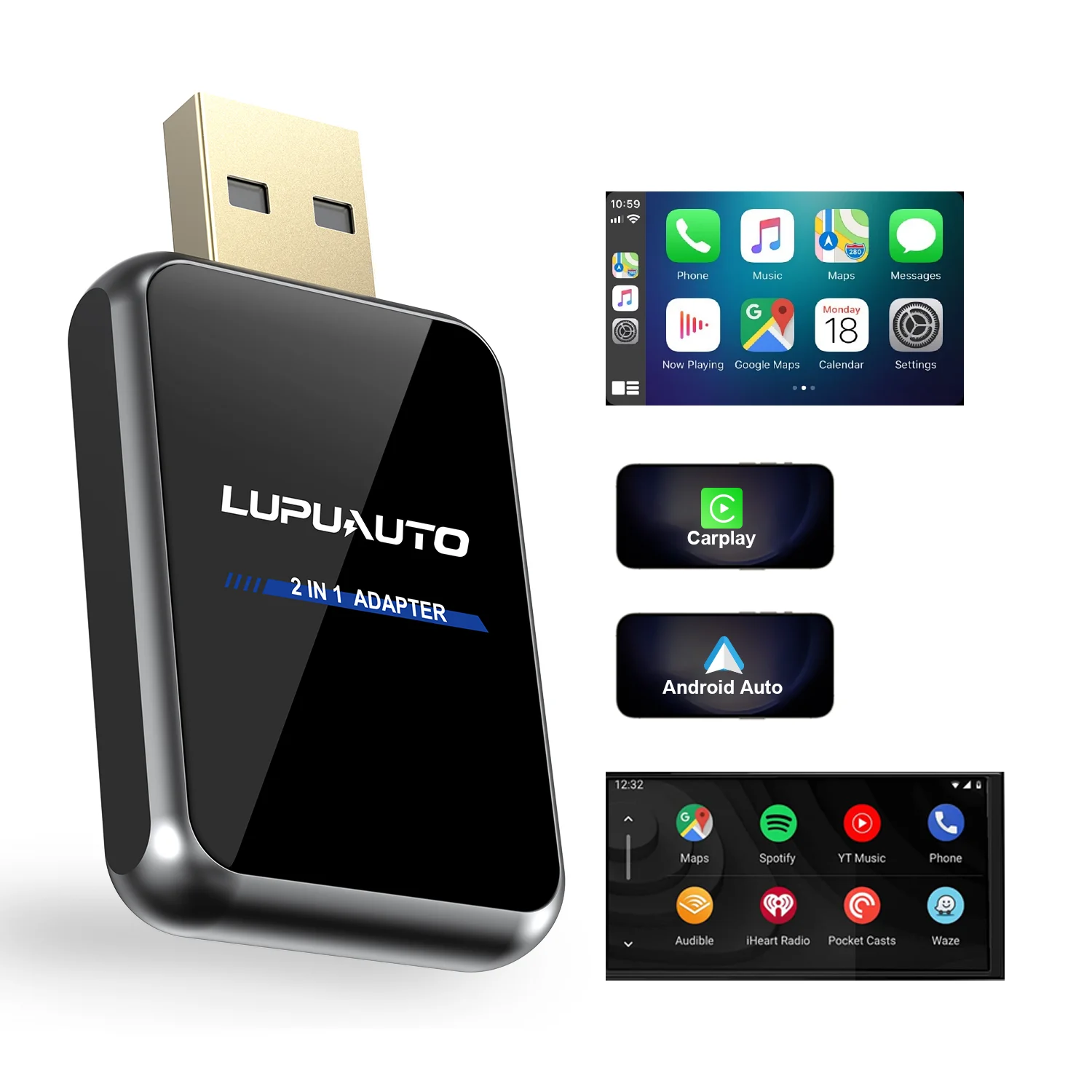 New Mini Wireless Android Auto Adapter 2 in 1 Carplay for OEM Wired CarPlay, iPhone 6 and above with usb-c/Type-C Plug and Play
