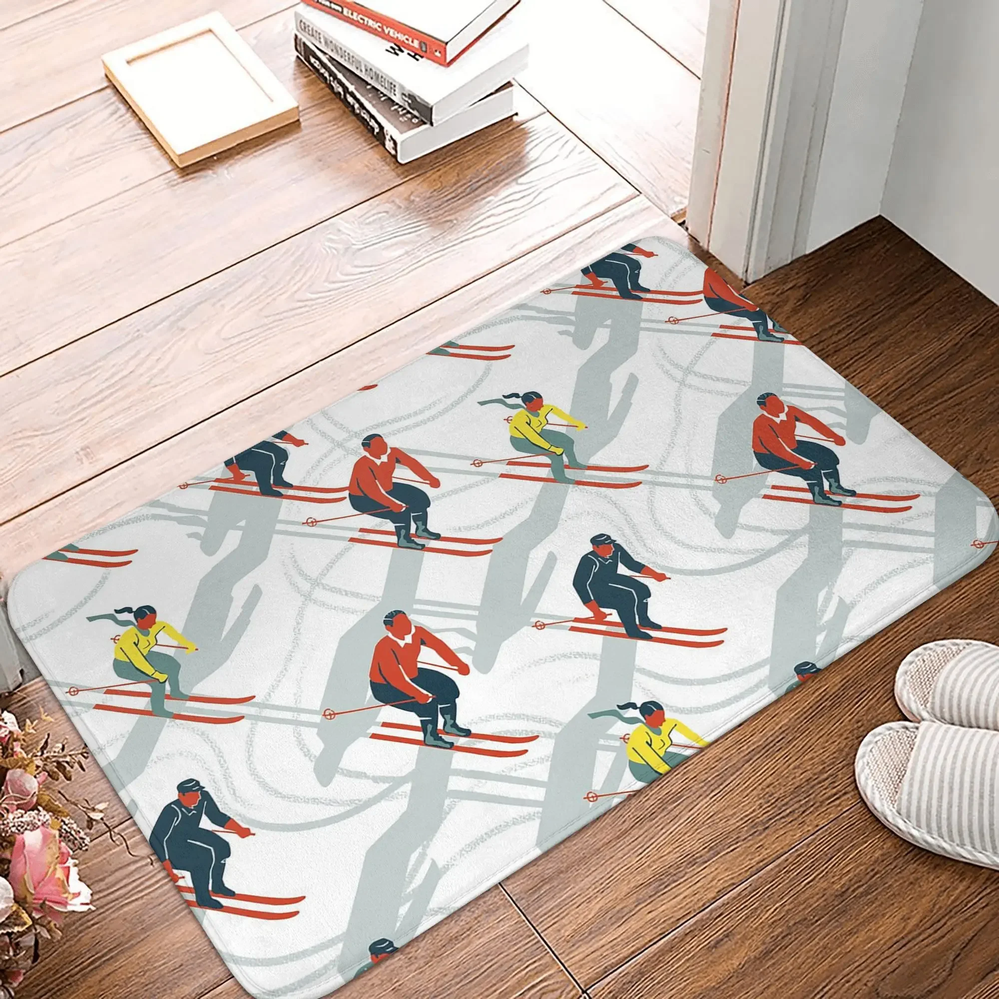 Лыжные тропы середины века в красном, бирюзовом и желтом нескользящем коврике для двери для кухни, входа, дома, спальни, коврики для ног
