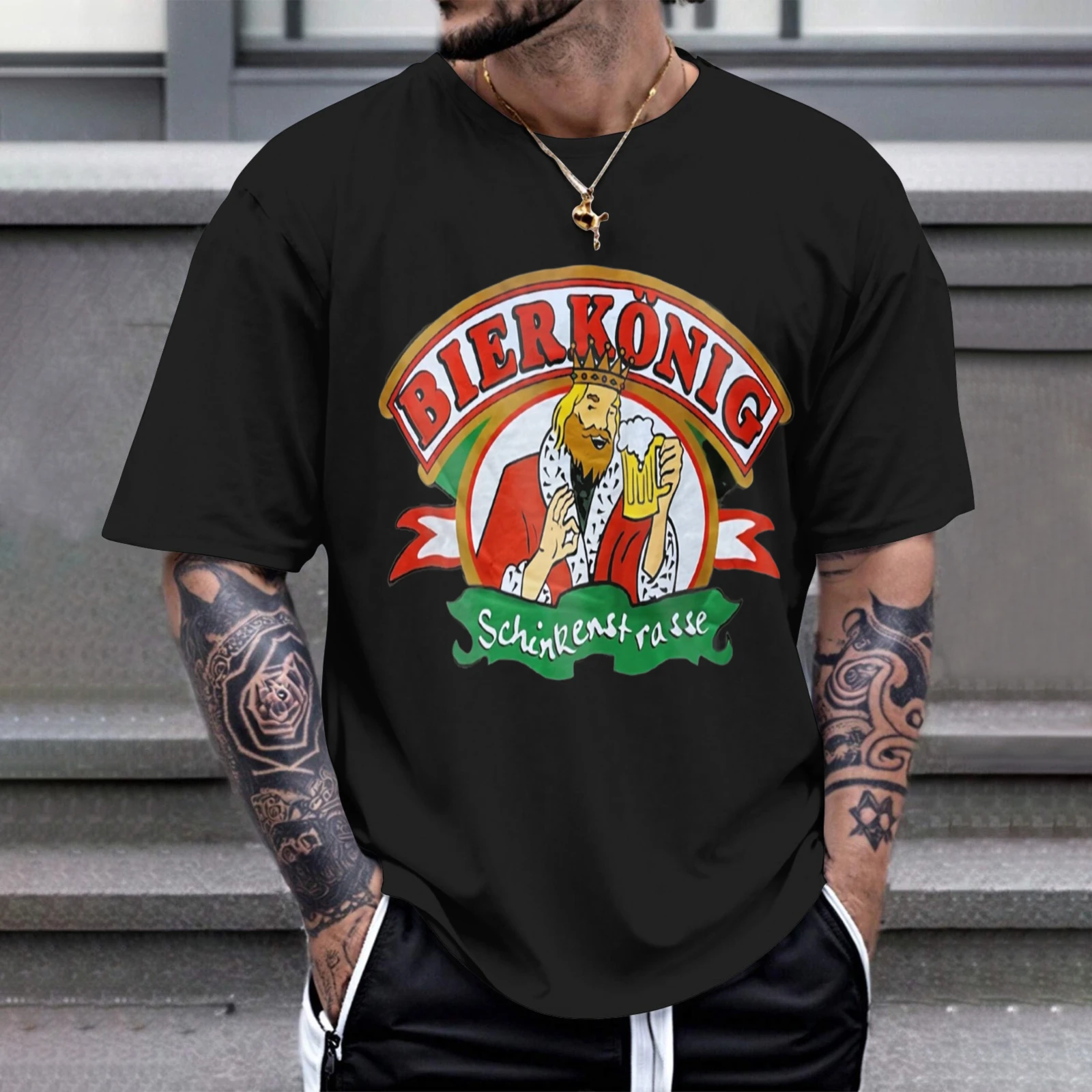Herren-T-Shirt Bierkonig King Beer Schinkenstrasse, perfekt für Freizeitkleidung, Partys und Karnevalsoutfits