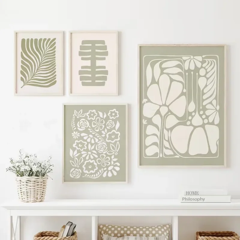 Sage Light Green Print Poster Bohemian Botanical Canvas Painting Nordic Minimalist Gallery Wall Art Home Bedroom Decoration