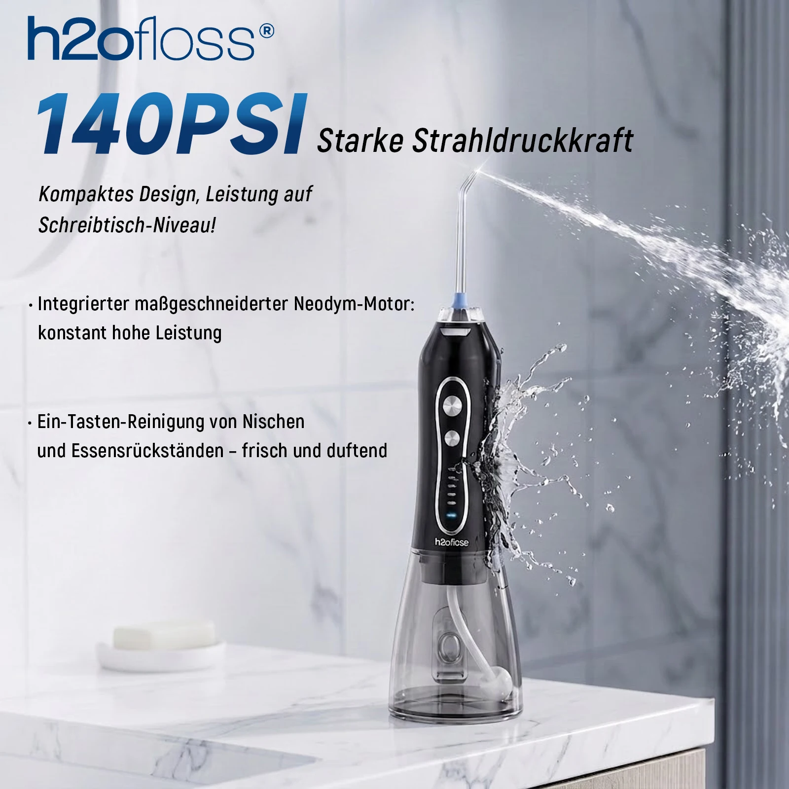 H2ofloss Kabellose Munddusche Tragbare 300ml 5 Modi 140PSI Hochdruck 2500mAh USB Wiederaufladbar Zahnreiniger Wasserstrahl mit 5 Aufsätzen für Reise & Tägliche Mundpflege