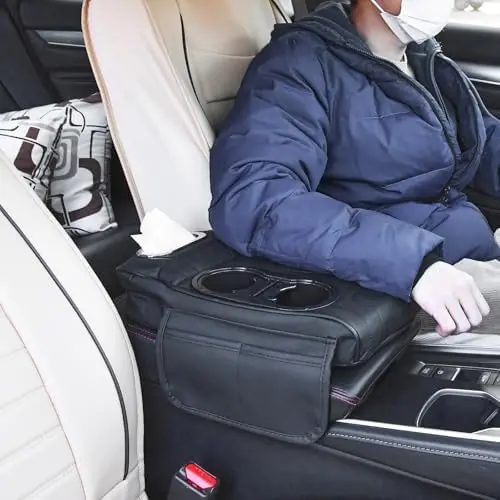

Blueshyhall Car Armrest Cushion with Cup Holders & Phone Slot - Black